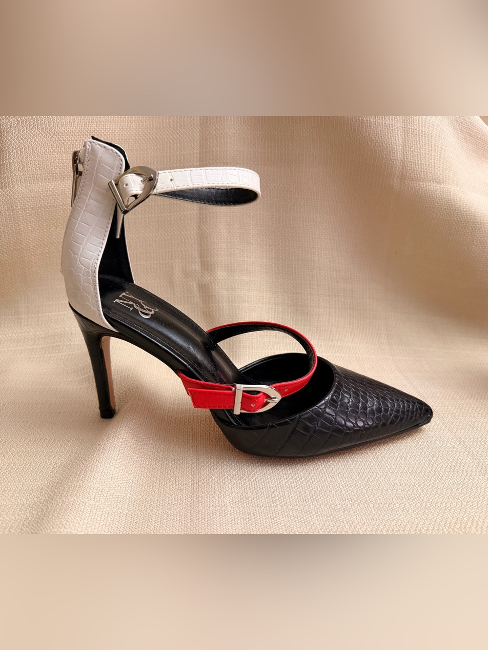 New York & Company Black Pointed Pump with White Ankle and Red Mid Strap
